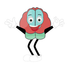 Cute brain mascot character, Happy cartoon brain illustration. Waving hand, fun mascot illustration, educational symbol, cute organ, smart idea, mental health concept