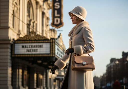 Woman wearing a vintage hat and coat standing near a theater on a city street carrying a purse and wearing gloves