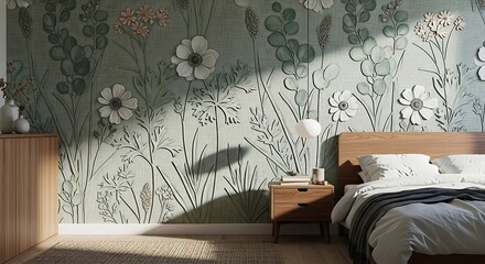 Ai generated image of modern bedroom with floral wallpaper and natural light