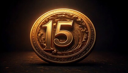 golden ornate coin with number fifteen
