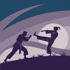 Illustration of Karate Fight in Silhouette