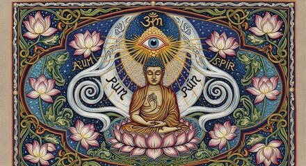 Buddha Meditating in Lotus Flower with Third Eye and Om Symbol
