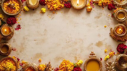 Festive diwali or wedding arrangement with vibrant flowers and glowing candles for Navratri background