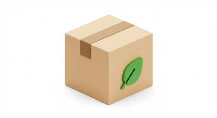 Fototapeta premium Eco-Friendly Parcel: A sustainable cardboard box sealed with tape, a leaf, symbolizing environmental consciousness, and responsible shipping.