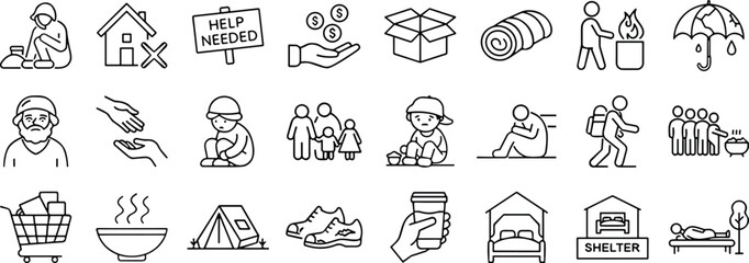 Homelessness aid icon set, social support symbols, poverty and shelter vector illustrations, donation, food, housing, and help graphics.