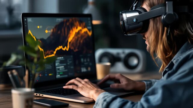 Man Engaged in Virtual Reality Data Analysis Using Laptop and Headset in Modern Workspace Environment - Powered by Adobe