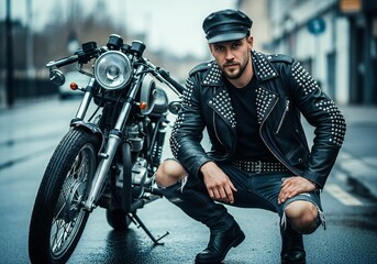Attractive man wearing studded leather jacket squats next to vintage motorcycle on wet street
