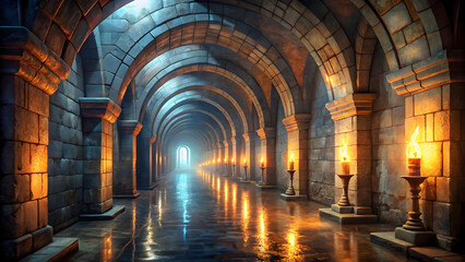 Obraz premium Stone Hallway Arches Torches Light Reflections fire