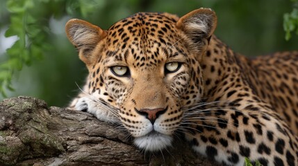 Naklejka premium Leopard Resting on a Tree Branch with Head Supported Surrounded by Lush Greenery