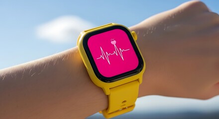 Yellow smartwatch on a wrist displaying a heart rate monitor