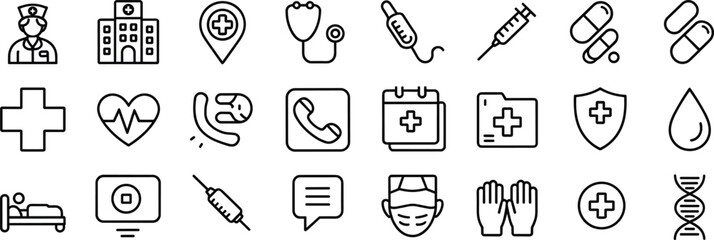 Medical and healthcare line icon set with hospital, doctor, stethoscope, syringe, pills, DNA, and health care symbols