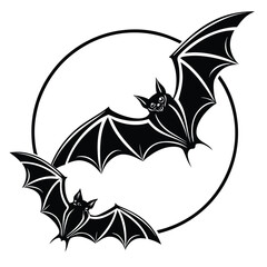 Two black bats fly inside a circle, symbolizing nocturnal mystery with transparent background