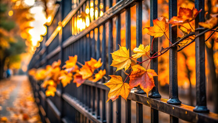 Autumn leaves on a dark metal fence fall foliage