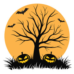 Two black pumpkins sit before a bare tree under the bats and orange moon