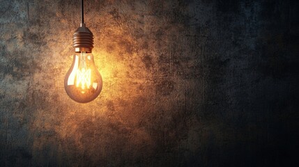 Vintage light bulb glowing against rustic wall for industrial and creative lighting design concept