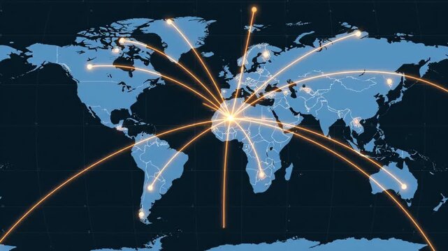 Glowing Network of Global Connectivity on World Map - A stylized world map showcases glowing orange lines connecting major cities across continents, illustrating the theme of expanding global