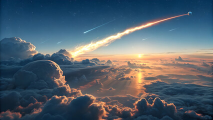 Fiery meteor streaking across starry sky above ocean of clouds stars fire