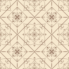 Obraz premium Seamless Geometric Ornamental Pattern with Brown Diamond Shapes on Beige Background