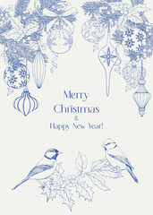Christmas illustration with toys, fir branches, holly twig, tit birds, bows, berries. Vintage vector background for design greeting card, holiday, new year decor. Blue beige. Hand drawn linear element