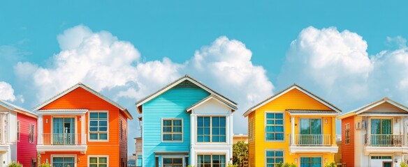 The Colorful Row of Modern Beach Houses Against a Bright Blue Sky