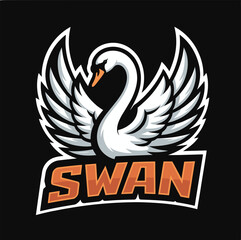 Mascot logo design of a powerful and elegant swan with outstretched wings, a dynamic 