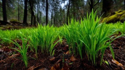 Fresh Green Grass Sprouting in a Misty Forest with Dew Drops on Blades
