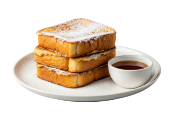 A stack of three golden-brown french toast slices with melting powdered sugar & cinnamon-spiced maple syrup on white plate, isolated on transparent, appetizing breakfast concept