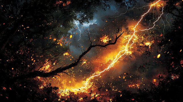 Lightning striking forest with branches bursting into flames casting dramatic shadows and illuminating the stormy sky above