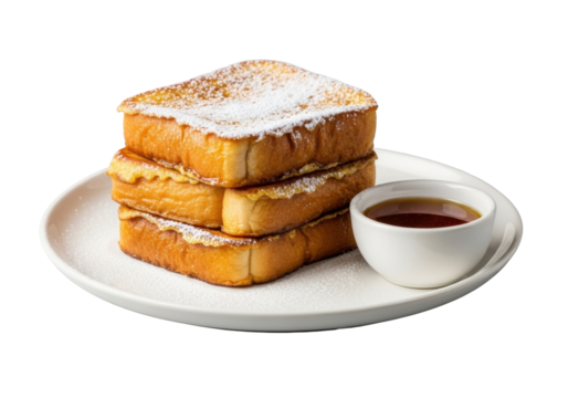 A stack of three golden-brown french toast slices with melting powdered sugar & cinnamon-spiced maple syrup on white plate, isolated on transparent, appetizing breakfast concept