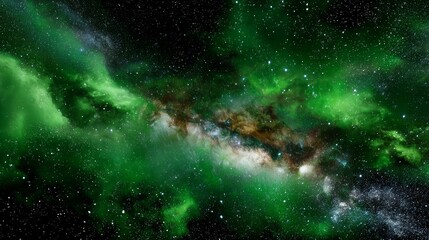 Obraz premium Vibrant Milky Way Stars Shimmering in Deep Green Cosmic Expanse with Colorful Nebulae