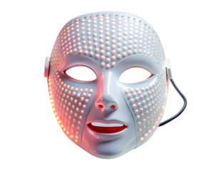 Led face mask for light therapy treatment, promoting skin rejuvenation and antiaging benefits, isolated on transparent background