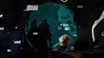 A professional setting showcasing modern business analytics with a digital world map and data visualization, emphasizing global insights for informed decision-making. Xenic