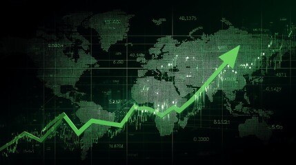 World map with overlaid graphs and a zigzagging green arrow pointing upward, symbolizing global economic growth, market recovery, and financial prosperity.
