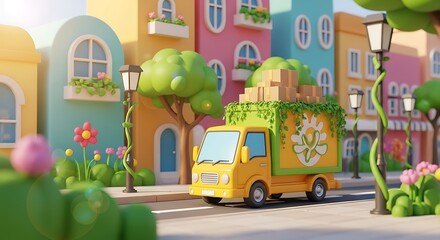 Yellow delivery truck driving through a colorful, cartoonlike town