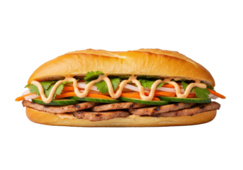 Meticulously detailed vietnamese banh mi sandwich with golden-brown baguette, grilled pork, pickled carrots, daikon, cucumber, cilantro, spicy mayo on transparent studio background. Concept of