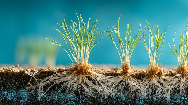 Germinating Seeds Revealing Root Systems and Early Growth in a Soil Cross Section Against a Blue Backdrop Emphasizing Germination
