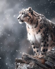 Fototapeta premium A telephoto wildlife shot of a snow leopard on a rocky cliff in snowfall.
