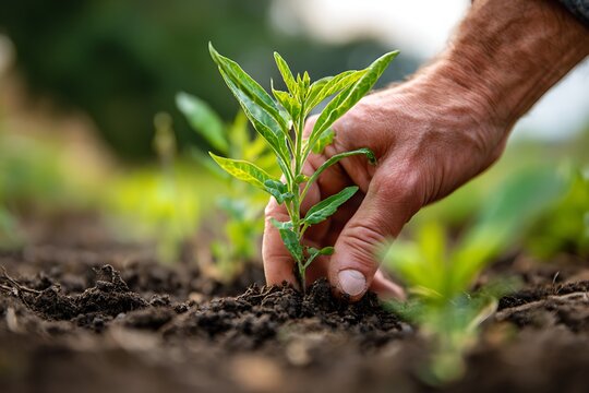 Fresh shoot with green leaves rising from soil  
