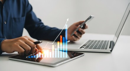 Man analyzing financial growth chart on tablet with laptop and phone