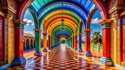 Vibrant rainbow arcade walkway with ornate columns and checkered floor colorful architecture