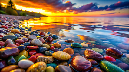 Vibrant wet pebbles at sunset reflecting golden sky colorful beach