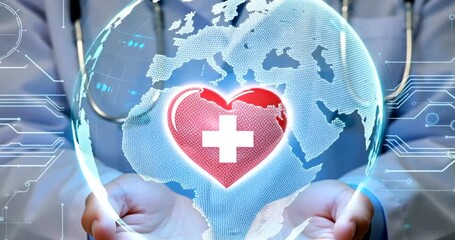 Hands holding a glowing digital globe with a heart and cross symbolizing global healthcare - Powered by Adobe