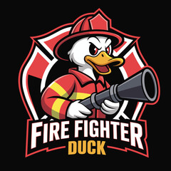 Firefighter duck cartoon character mascot holding a water hose nozzle, ready to fight fires, a heroic and brave concept with SEO keywords, vector illustration.