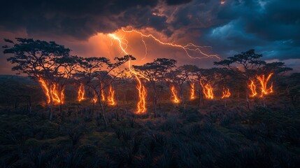 Lightning striking forest with branches bursting into flames casting dramatic shadows and illuminating the stormy sky above