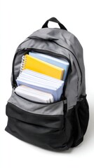 Backpack full of school supplies on white background