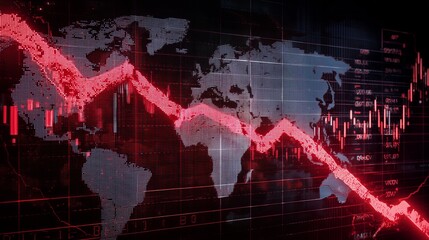 World map with overlaid graphs and a zigzagging red arrow pointing downward, symbolizing global economic decline, financial crises, and market instability.