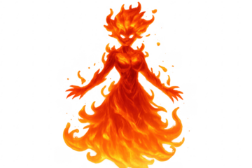 Fiery female figure embracing the power of flames with transparent background