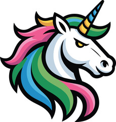 A powerful and aggressive cartoon unicorn mascot head, featuring a vibrant, multi-colored mane and a striped horn, a dynamic vector illustration for a sports logo, emblem, or team graphic. ©  creative rabbi