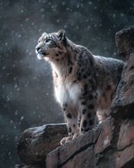 Obraz premium A telephoto wildlife shot of a snow leopard on a rocky cliff in snowfall.