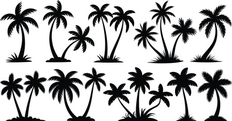 Silhouette palm tree vector set, tropical island elements, black coconut trees, exotic nature icons, beach decoration design, summer clipart pack